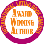 A purple and orange circle with the words international latino book awards award winning author in it.