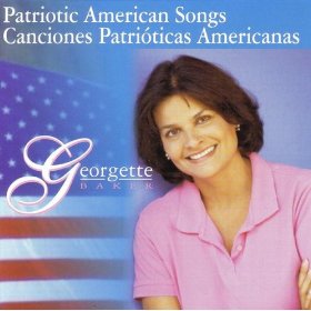 A woman in pink shirt and american flag.